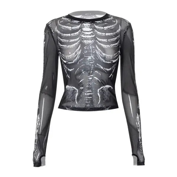 Gothic Punk Shirt 2000s Women Skeleton Pattern Round Neck Long Sleeve Crop Top Black Dark Academia Clothes y2k Tees
