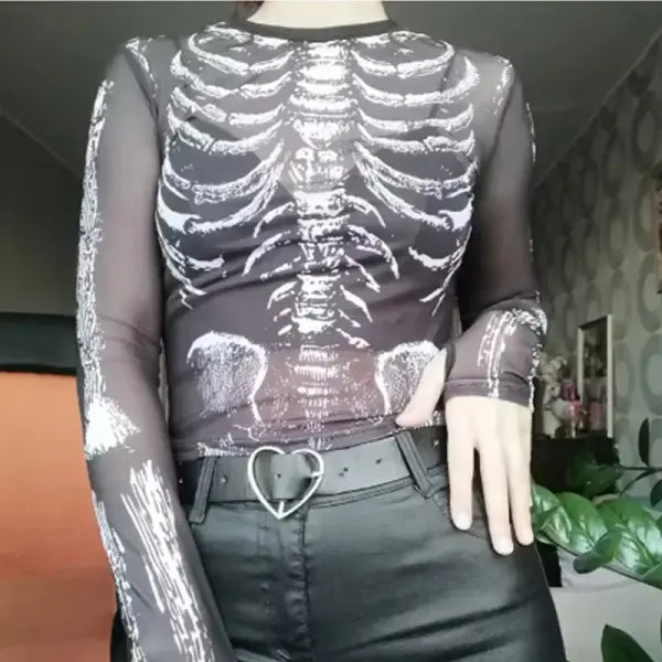 Gothic Punk Shirt 2000s Women Skeleton Pattern Round Neck Long Sleeve Crop Top Black Dark Academia Clothes y2k Tees