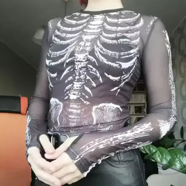 Gothic Punk Shirt 2000s Women Skeleton Pattern Round Neck Long Sleeve Crop Top Black Dark Academia Clothes y2k Tees