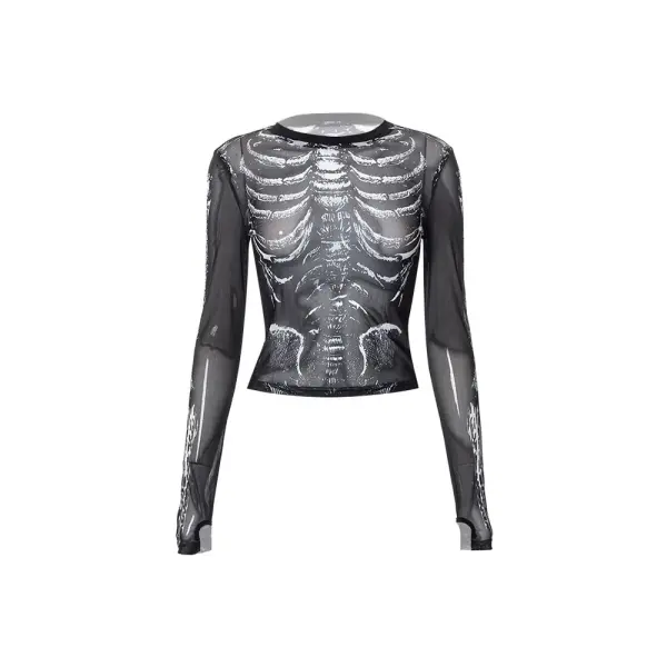 Gothic Punk Shirt 2000s Women Skeleton Pattern Round Neck Long Sleeve Crop Top Black Dark Academia Clothes y2k Tees