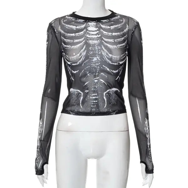 Gothic Punk Shirt 2000s Women Skeleton Pattern Round Neck Long Sleeve Crop Top Black Dark Academia Clothes y2k Tees