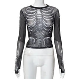 Gothic Punk Shirt 2000s Women Skeleton Pattern Round Neck Long Sleeve Crop Top Black Dark Academia Clothes y2k Tees