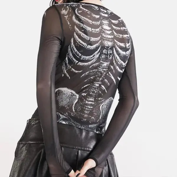 Gothic Punk Shirt 2000s Women Skeleton Pattern Round Neck Long Sleeve Crop Top Black Dark Academia Clothes y2k Tees