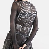 Gothic Punk Shirt 2000s Women Skeleton Pattern Round Neck Long Sleeve Crop Top Black Dark Academia Clothes y2k Tees