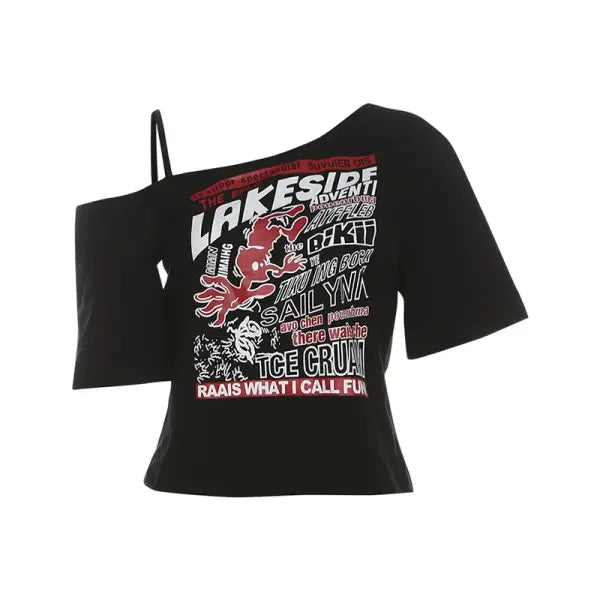 Y2K Gothic Letter Print Off-Shoulder Crop Top - Harajuku Summer Grunge Aesthetic Tee - black / S