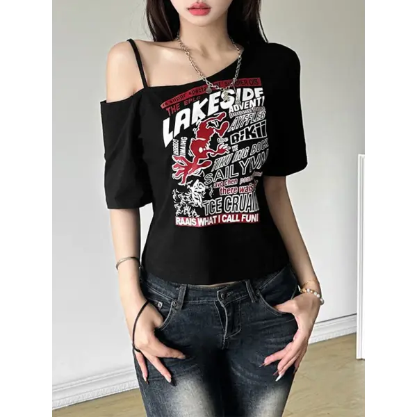 Y2K Gothic Letter Print Off-Shoulder Crop Top - Harajuku Summer Grunge Aesthetic Tee