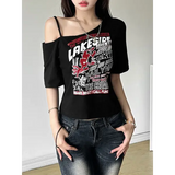 Y2K Gothic Letter Print Off-Shoulder Crop Top - Harajuku Summer Grunge Aesthetic Tee