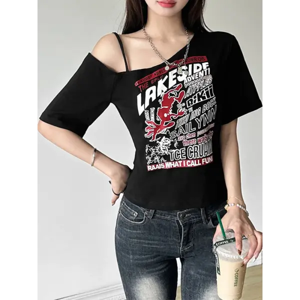 Y2K Gothic Letter Print Off-Shoulder Crop Top - Harajuku Summer Grunge Aesthetic Tee