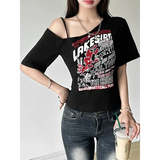Y2K Gothic Letter Print Off-Shoulder Crop Top - Harajuku Summer Grunge Aesthetic Tee
