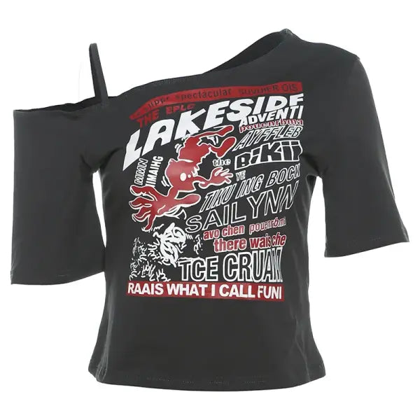 Y2K Gothic Letter Print Off-Shoulder Crop Top - Harajuku Summer Grunge Aesthetic Tee - Dark Grey / L