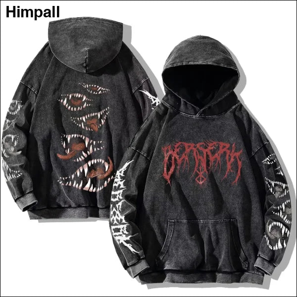 Gothic Vintage Washed Hoodie with Unique Teeth Print Design - black1 / M