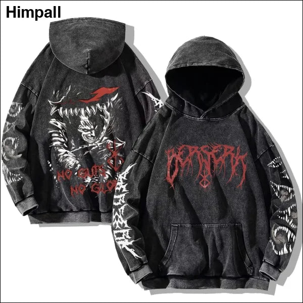 Gothic Vintage Washed Hoodie with Unique Teeth Print Design - black2 / M