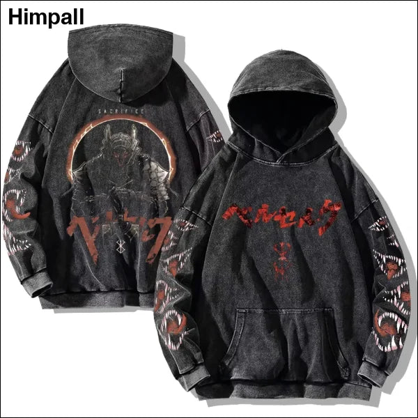 Gothic Vintage Washed Hoodie with Unique Teeth Print Design - black5 / M