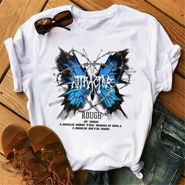 Women’s Gothic Butterfly Tree Print T-Shirt - Harajuku Summer Short Sleeve Casual Tee - 8020 / S