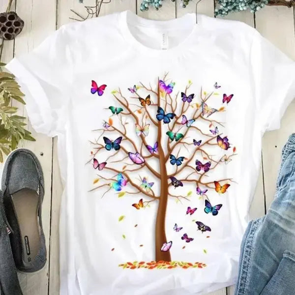 Women’s Gothic Butterfly Tree Print T-Shirt - Harajuku Summer Short Sleeve Casual Tee - P8017A white / XL