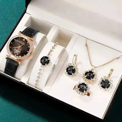Green Luxury Quartz Watches for Women - 6PCS Set by SHAARMS - Black