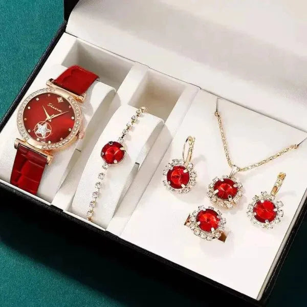 Green Luxury Quartz Watches for Women - 6PCS Set by SHAARMS - Red
