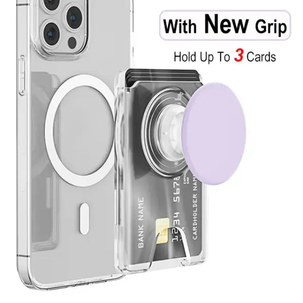 Grippopso Universal Magnetic Wallet and Expanding Phone Grip Holder - Transparent Purple