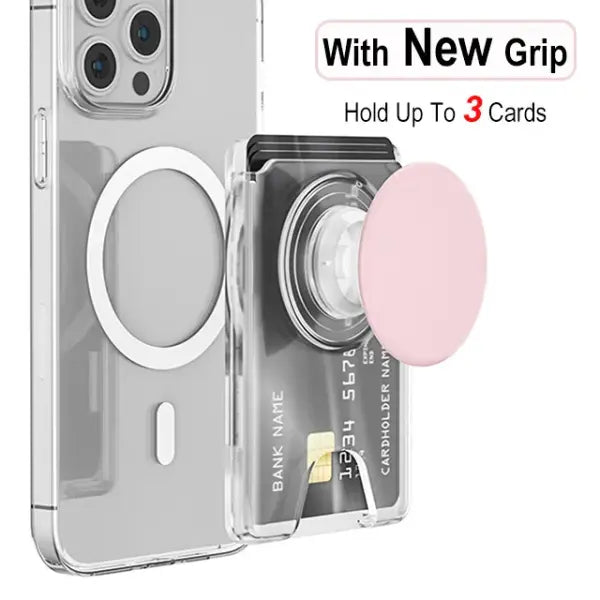 Grippopso Universal Magnetic Wallet and Expanding Phone Grip Holder - Transparent Pink