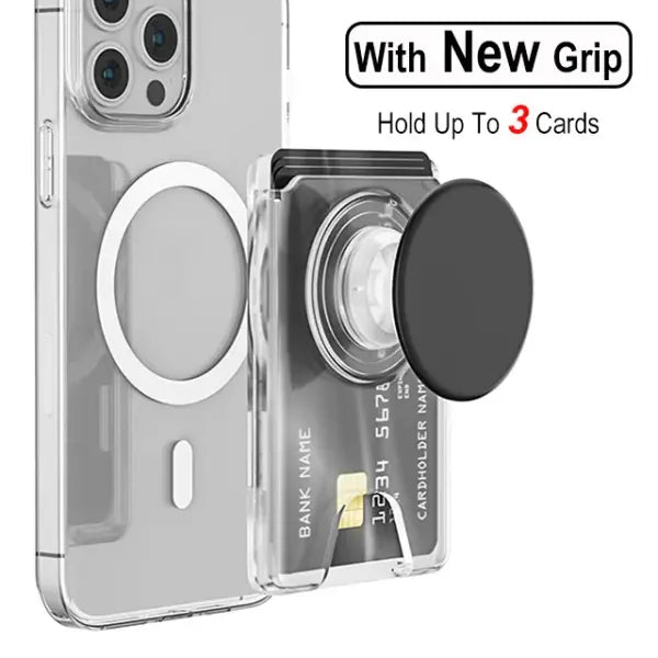 Grippopso Universal Magnetic Wallet and Expanding Phone Grip Holder - Transparent Black