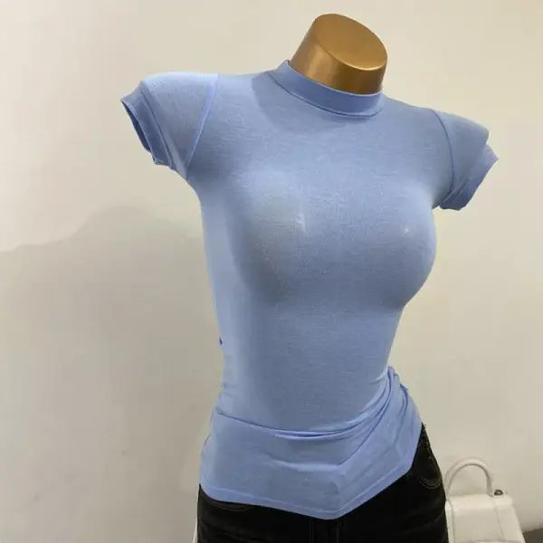 Women’s Sexy Mock Neck Sheer T-Shirt - Slim Fit Elastic Mesh Top for Layering & Clubwear - Blue / One Size