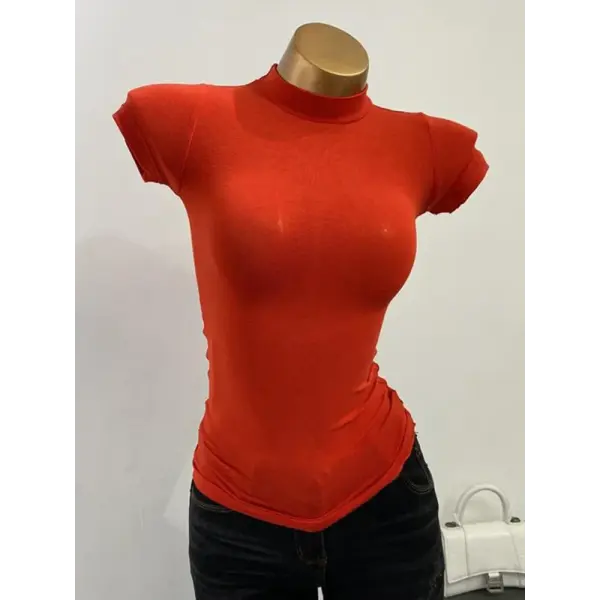 Women’s Sexy Mock Neck Sheer T-Shirt - Slim Fit Elastic Mesh Top for Layering & Clubwear