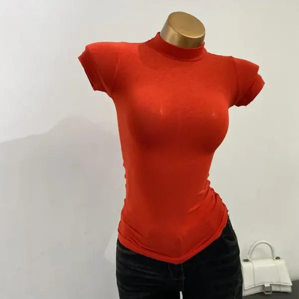 Women’s Sexy Mock Neck Sheer T-Shirt - Slim Fit Elastic Mesh Top for Layering & Clubwear - Red / One Size