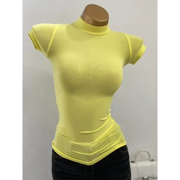 Women’s Sexy Mock Neck Sheer T-Shirt - Slim Fit Elastic Mesh Top for Layering & Clubwear