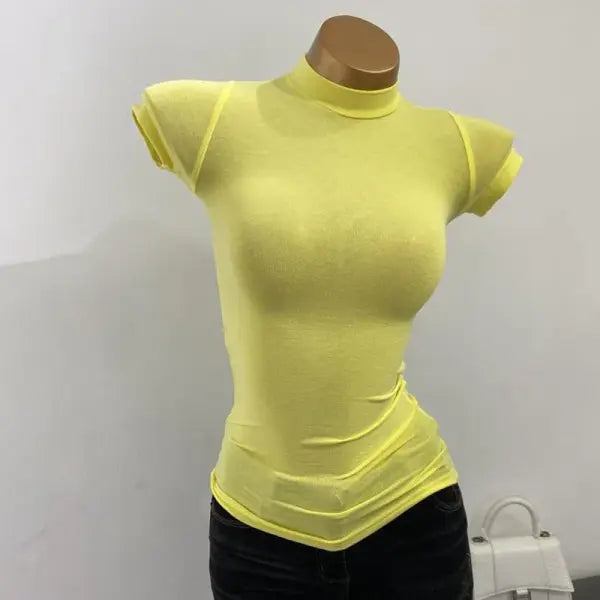 Women’s Sexy Mock Neck Sheer T-Shirt - Slim Fit Elastic Mesh Top for Layering & Clubwear - Yellow / One Size
