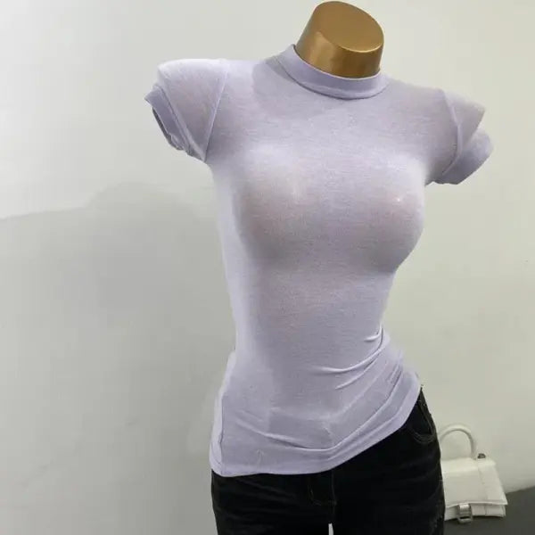 Women’s Sexy Mock Neck Sheer T-Shirt - Slim Fit Elastic Mesh Top for Layering & Clubwear - PURPLE / One Size