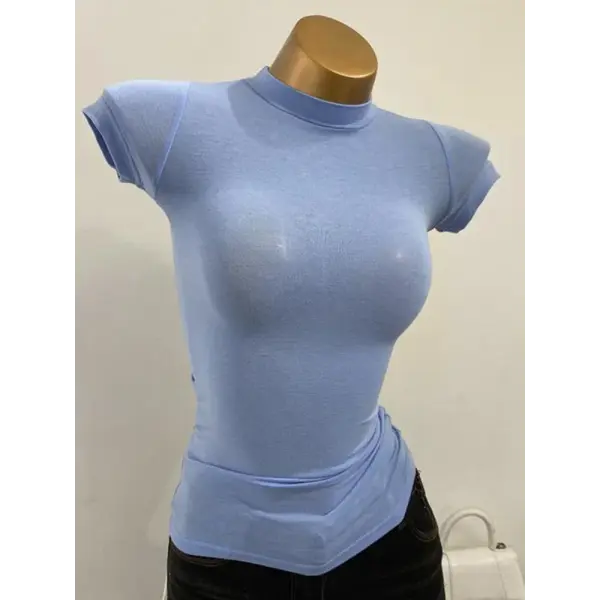 Women’s Sexy Mock Neck Sheer T-Shirt - Slim Fit Elastic Mesh Top for Layering & Clubwear