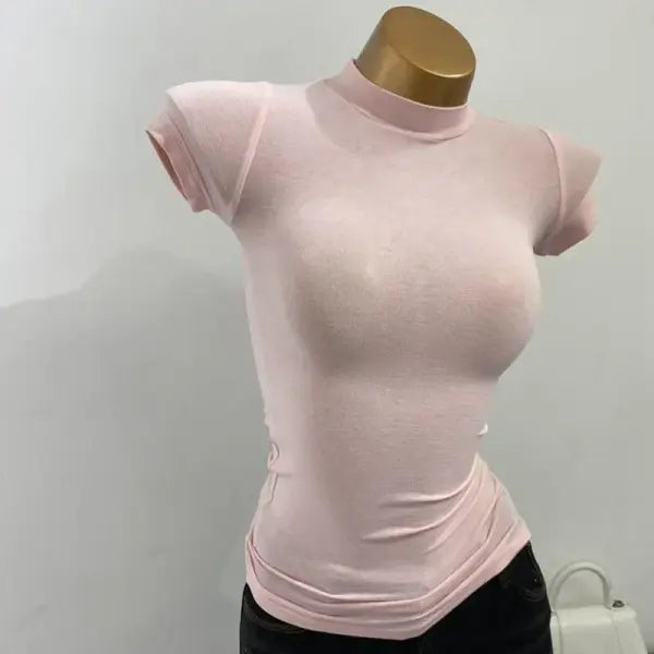 Women’s Sexy Mock Neck Sheer T-Shirt - Slim Fit Elastic Mesh Top for Layering & Clubwear - Pink / One Size