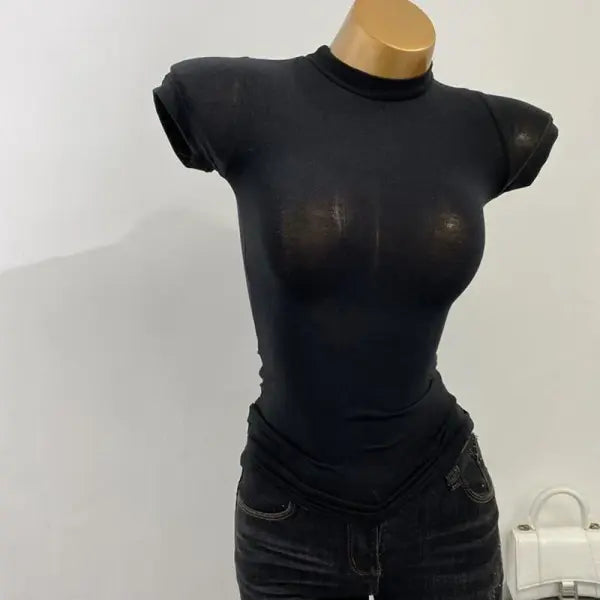 Women’s Sexy Mock Neck Sheer T-Shirt - Slim Fit Elastic Mesh Top for Layering & Clubwear - black / One Size