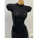 Women’s Sexy Mock Neck Sheer T-Shirt - Slim Fit Elastic Mesh Top for Layering & Clubwear