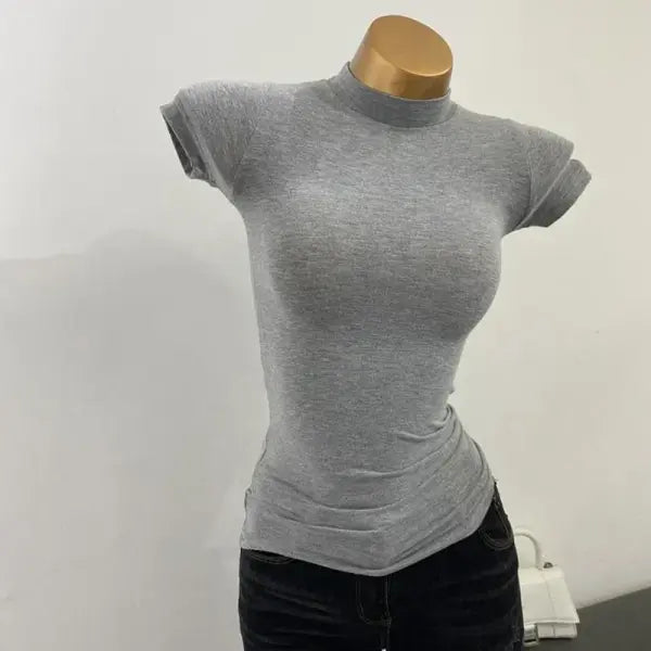 Women’s Sexy Mock Neck Sheer T-Shirt - Slim Fit Elastic Mesh Top for Layering & Clubwear - GRAY / One Size