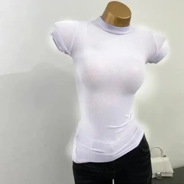 Women’s Sexy Mock Neck Sheer T-Shirt - Slim Fit Elastic Mesh Top for Layering & Clubwear - WHITE / One Size