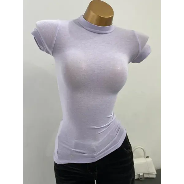Women’s Sexy Mock Neck Sheer T-Shirt - Slim Fit Elastic Mesh Top for Layering & Clubwear