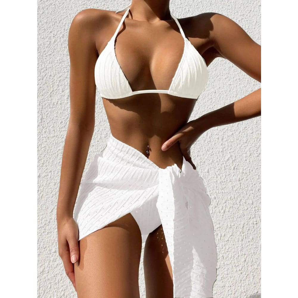 Halterneck Tankini Set - Stylish 3Pcs Swimsuit for Summer - White / L