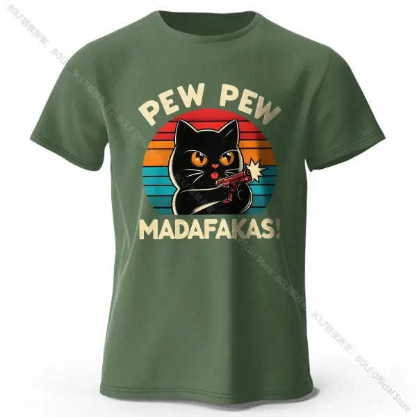 Hand-Drawn Cat Short Sleeve Cotton T-Shirt – Soft Casual Style - Army Green / M