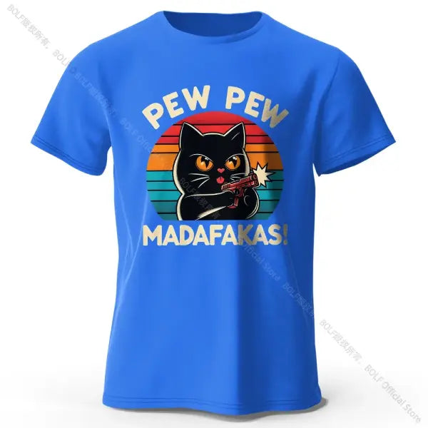 Hand-Drawn Cat Short Sleeve Cotton T-Shirt – Soft Casual Style - Blue / M