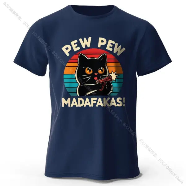 Hand-Drawn Cat Short Sleeve Cotton T-Shirt – Soft Casual Style - Navy / M