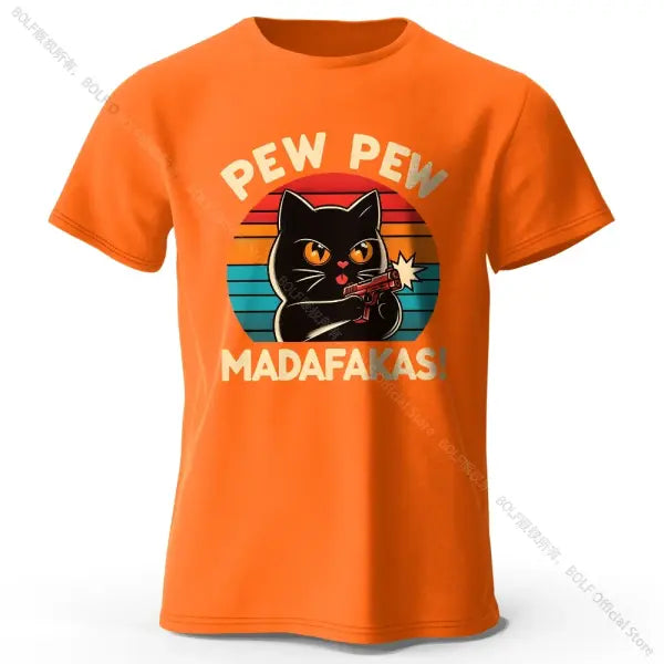 Hand-Drawn Cat Short Sleeve Cotton T-Shirt – Soft Casual Style - Orange / M
