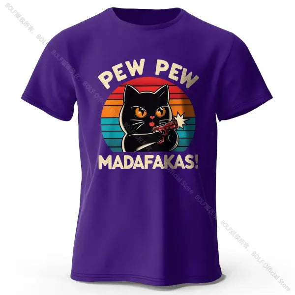 Hand-Drawn Cat Short Sleeve Cotton T-Shirt – Soft Casual Style - Purple / M