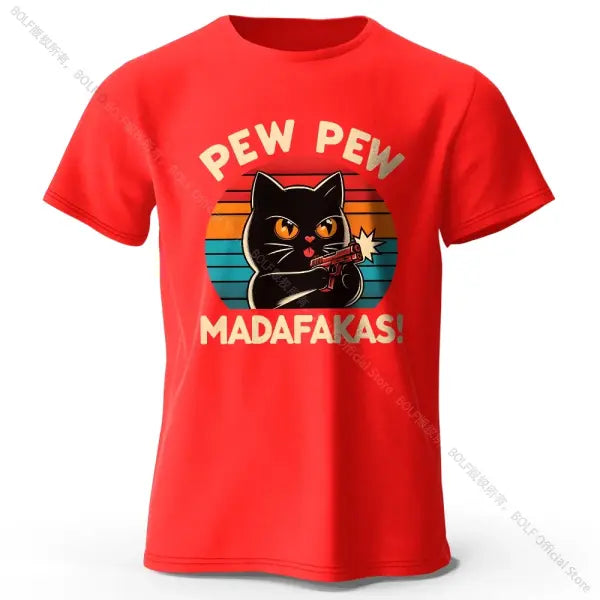 Hand-Drawn Cat Short Sleeve Cotton T-Shirt – Soft Casual Style - Red / M
