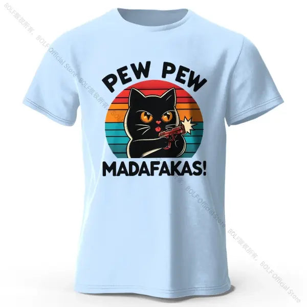 Hand-Drawn Cat Short Sleeve Cotton T-Shirt – Soft Casual Style - Sky Blue / M