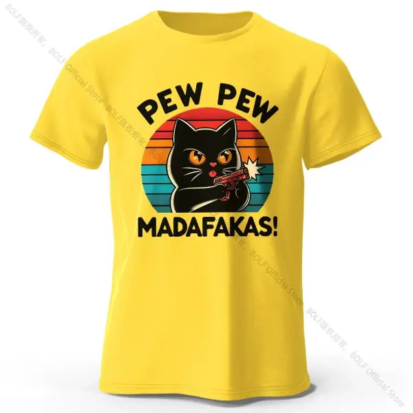 Hand-Drawn Cat Short Sleeve Cotton T-Shirt – Soft Casual Style - Yellow / M