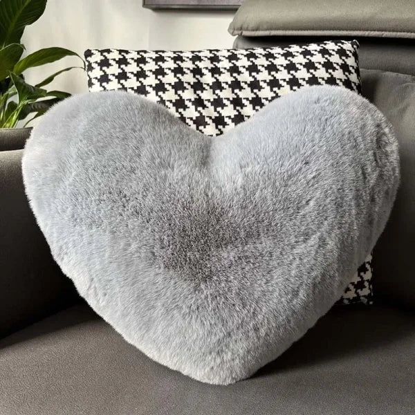 Plush grey heart pillow with soft texture for Valentine’s Day heart shape decor