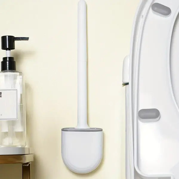 Hanging Silicone Toilet Brush with Long Handle: Flexible Quick-Drying Bathroom Cleaner - white