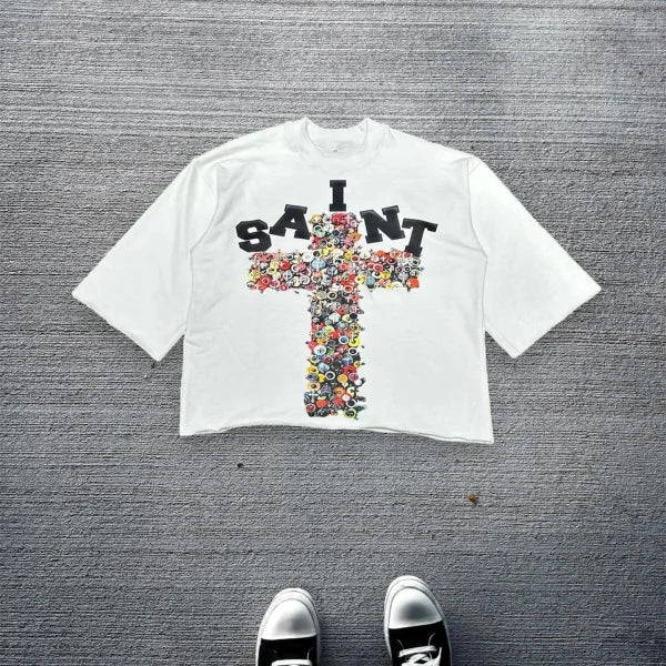 Harajuku Vintage Cross Oversized T-Shirt - Unisex Goth Streetwear Cotton Top - Blue / XXXL