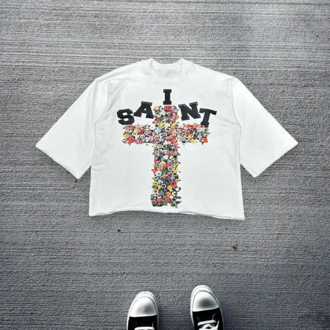 Harajuku Vintage Cross Oversized T-Shirt - Unisex Goth Streetwear Cotton Top - Blue / XXXL